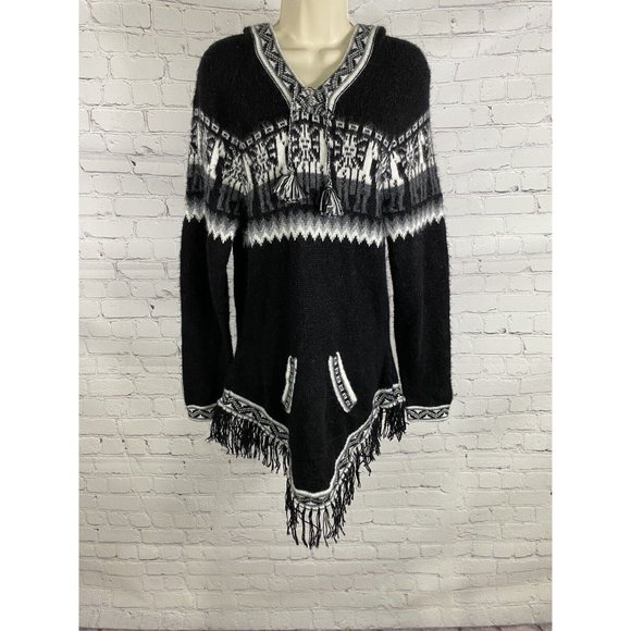 Kactus Artesanias Hooded Alpaca Knitted Pullover Tasseled Front Pocket One Size - Picture 1 of 10